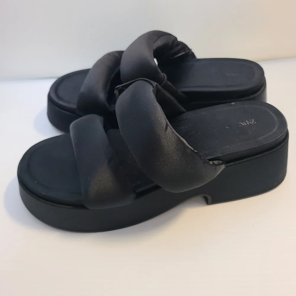 ZARA PADDED STRAP FLATFORM SANDALS BLACK SIZE 8 | 1344/110 - Picture 7 of 14